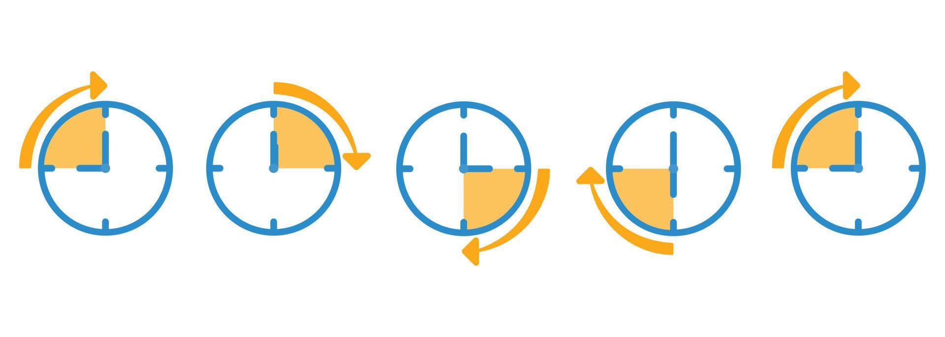 gestión del tiempo. relojes con diferentes tiempos. gestión del tiempo cada tres horas. iconos vectoriales de reloj. reloj con círculo de flecha. símbolo de icono de tiempo aislado sobre fondo blanco. vector