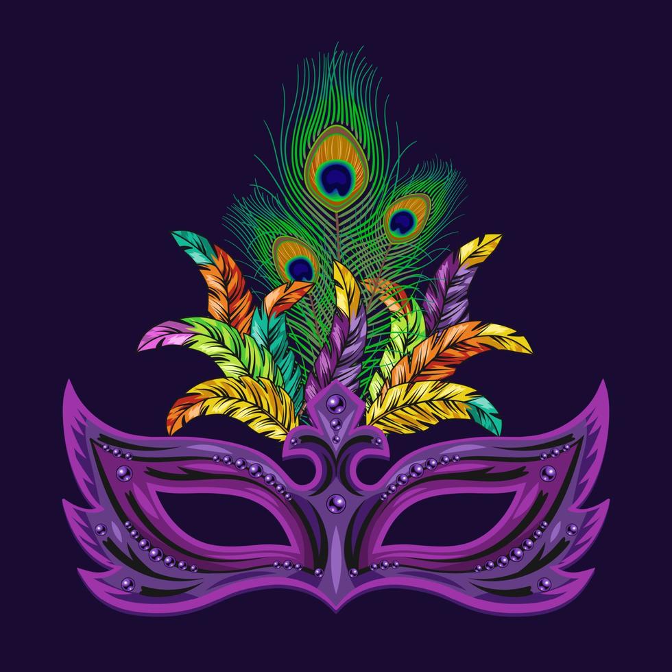 Carnival purple mask decorated with beads, bundle of colorful feathers. Detailed illustration in vintage style vector