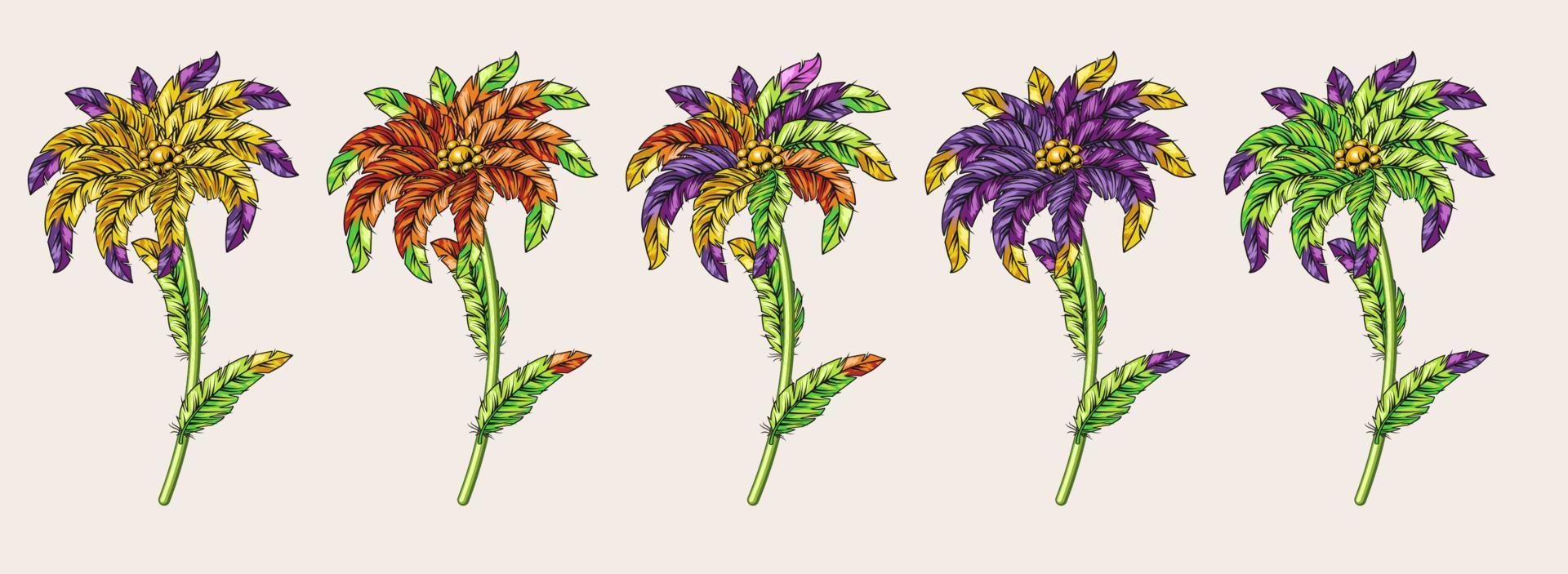 Set of creative flowers made of carnival feathers with colorful tips. Creative fantasy illustration vector