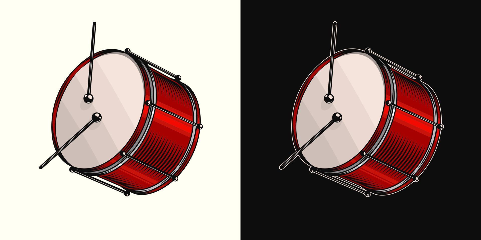 Red shiny drum with drumsticks. Traditional percussion musical instrument for carnival show, holiday. Side view. vector
