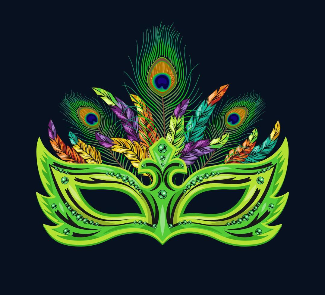 Carnival green mask decorated with beads, bundle of colorful feathers. Detailed illustration in vintage style vector