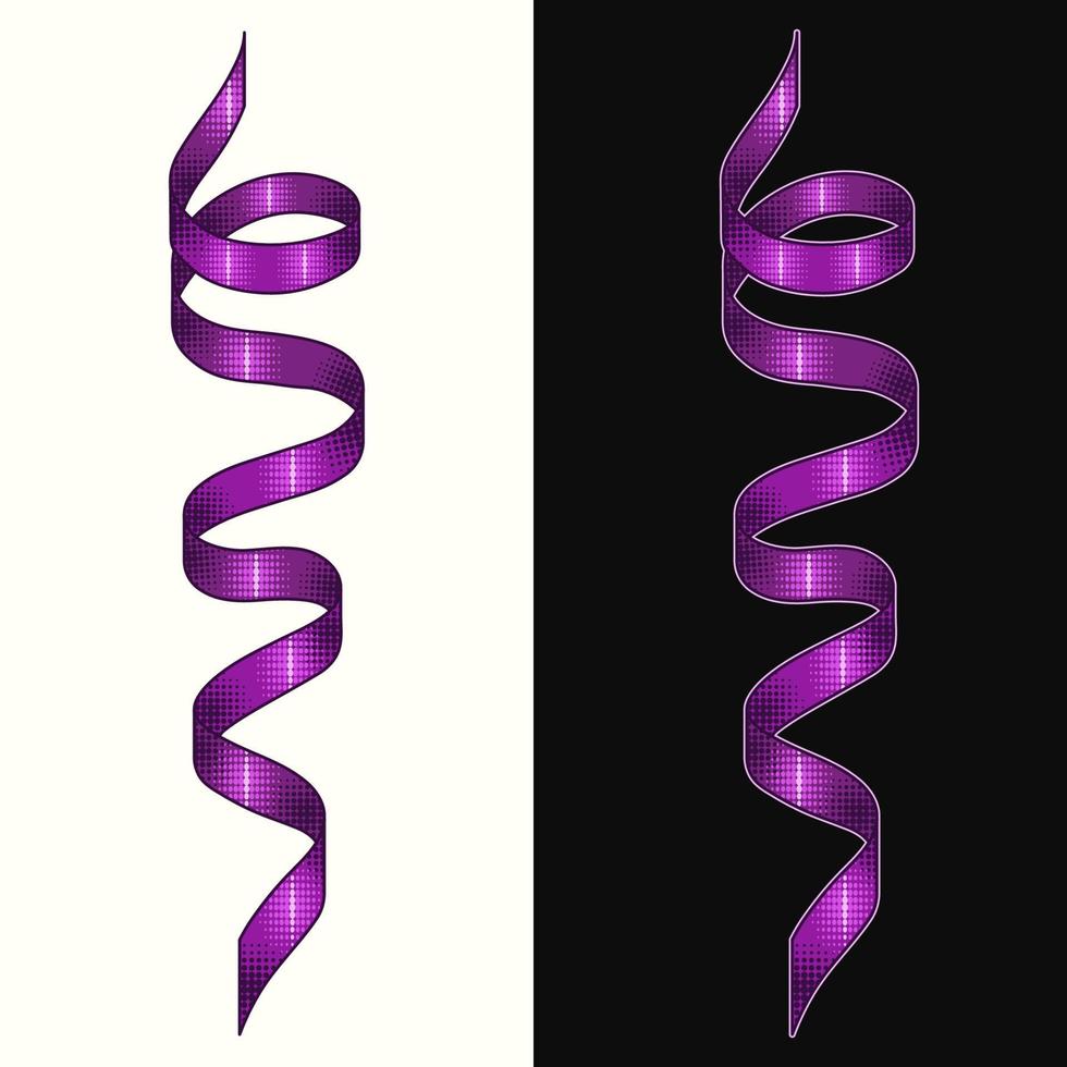 Serpentine carnival ribbon. Purple streamer on white, black background for gift, greeting, festive design. Design element with halftone in retro style vector