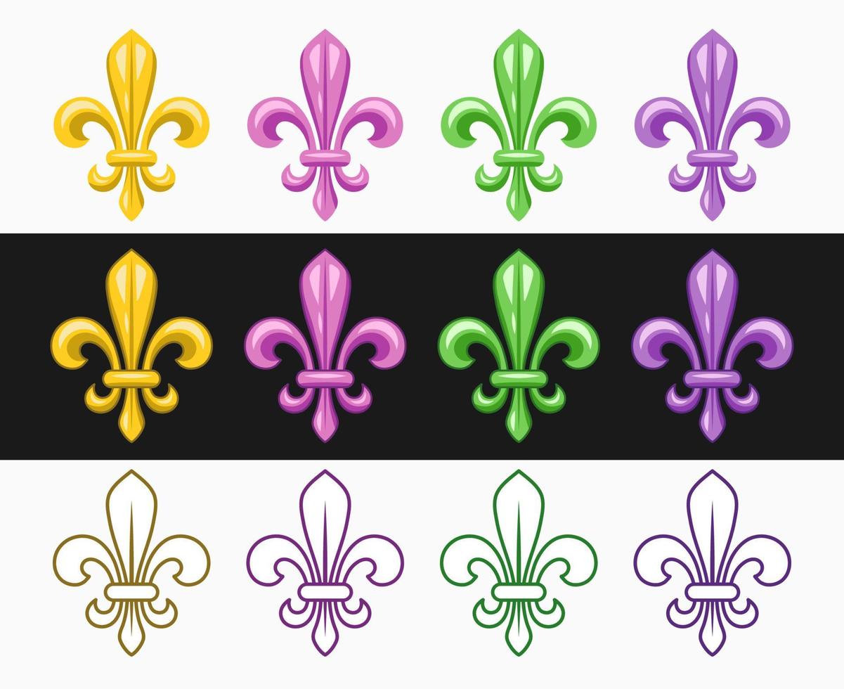 Fleur de lis set. Fleur de lys icons in different styles. Illustration for Mardi Gras carnival. Royal French heraldry symbol. vector