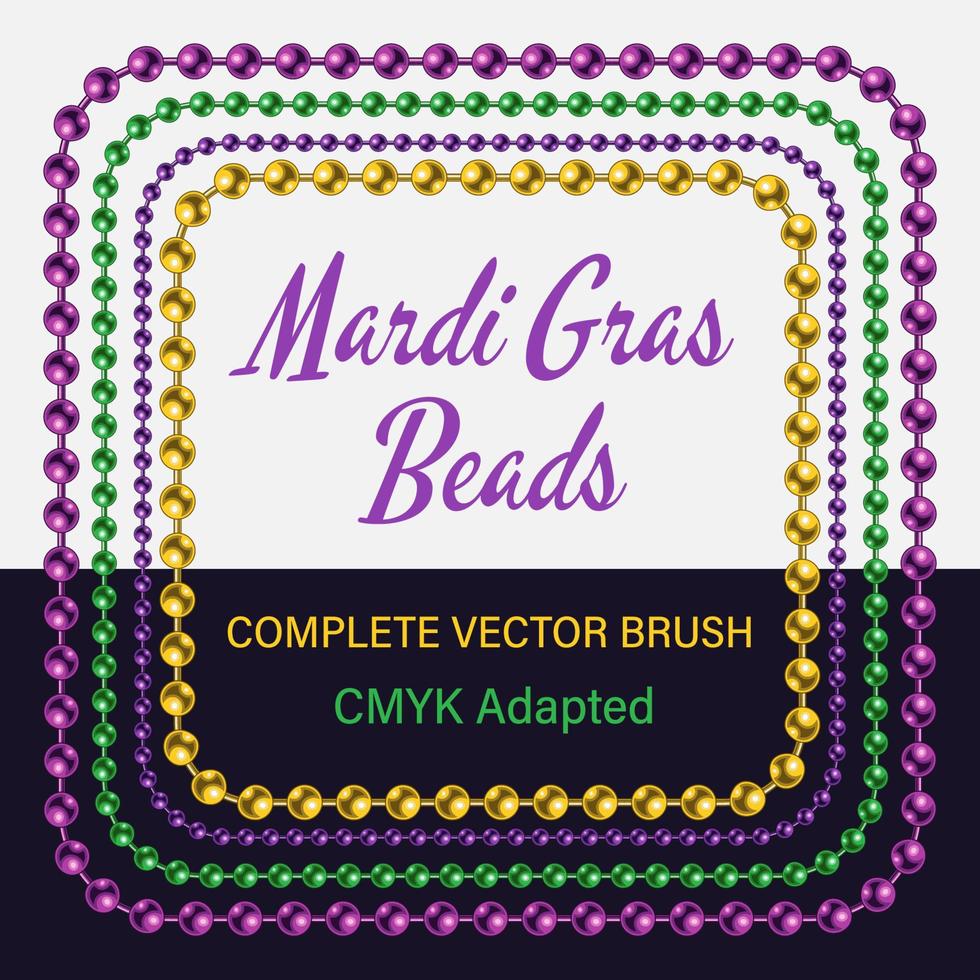 Set of seamless pattern brushes with Mardi Gras beads. Brush with corners, end and start tiles. Design element in traditional colors on white, black background. CMYK adapted vector