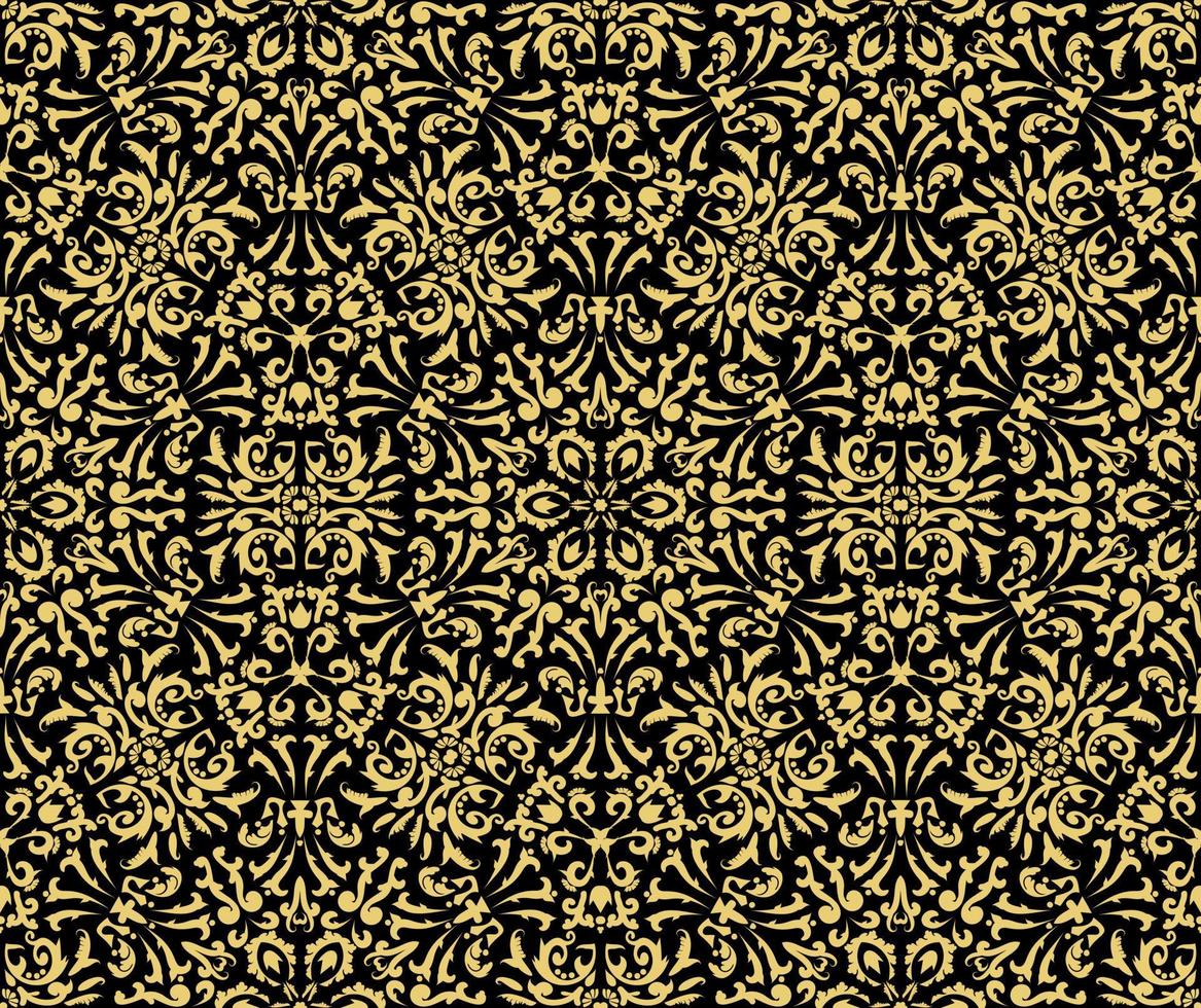 Vintage Seamless Pattern with Golden Ornaments on a black background. For fabric, wallpaper, venetian pattern,textile, packaging. vector