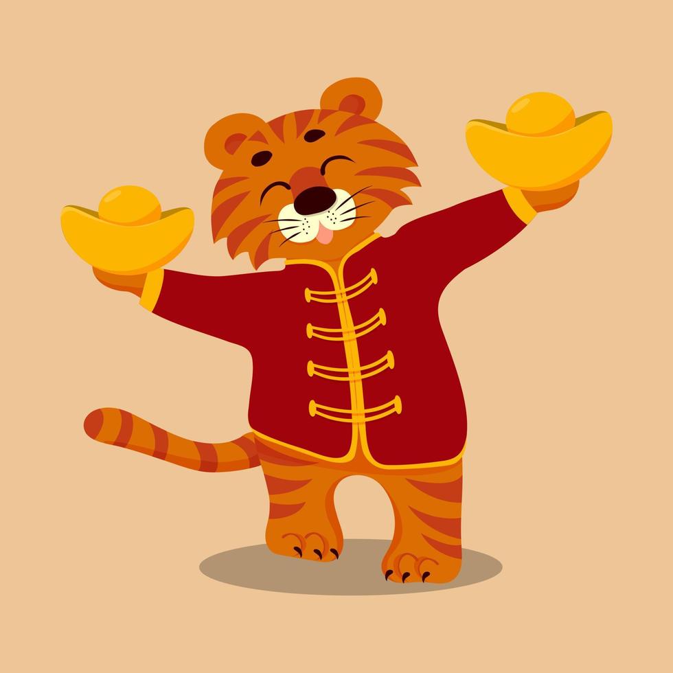 A cute cartoon tiger in a red jacket is holding gold bars. Chinese sign. Korea lunar new year. Holiday banner poster. Vector flat illustration.