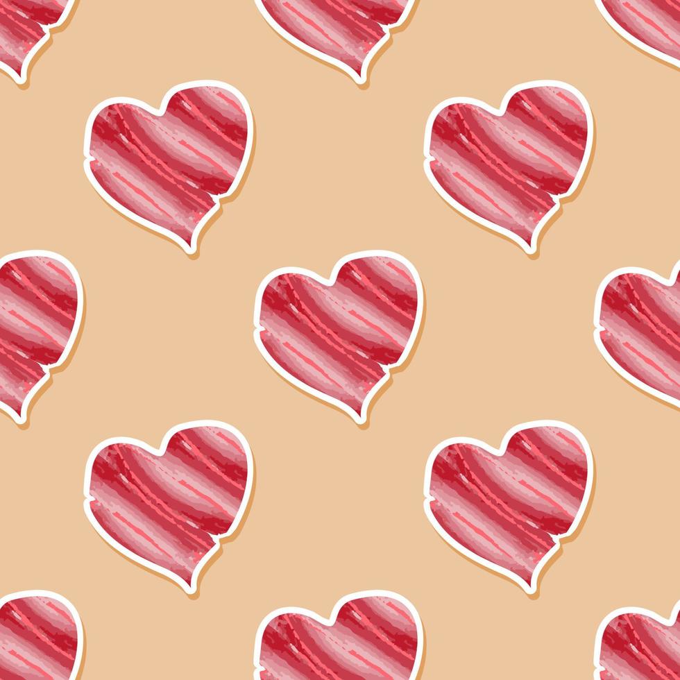 Red pink abstract hearts on a beige background. Red hearts. Seamless vector pattern. Happy valentine day background. Valentines day attributes. Vector illustration.