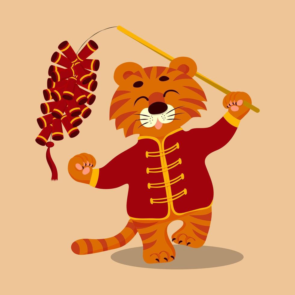 Chinese cartoon cute tiger with firecrackers. Chinese year sign. Korea lunar new year. Holiday banner poster. Vector flat illustration.