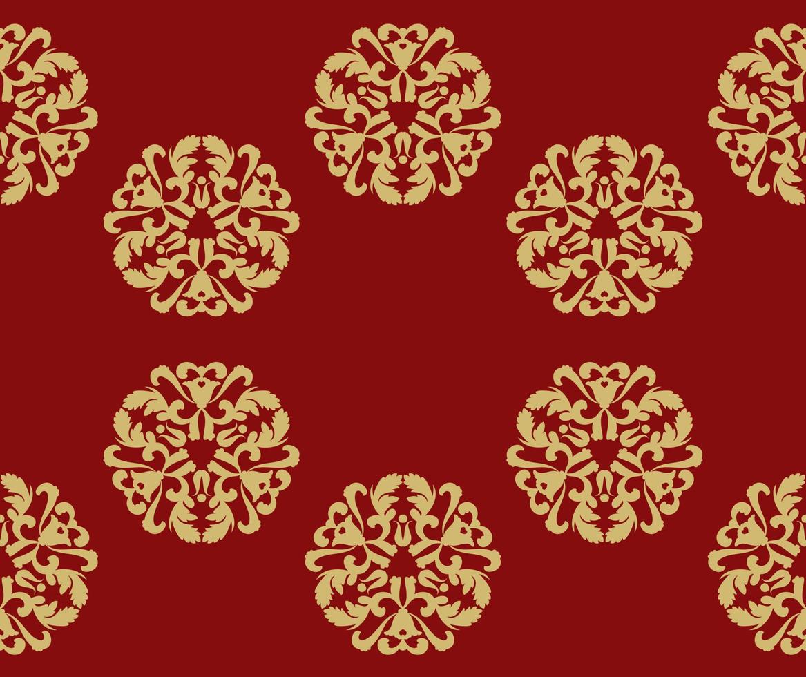 Christmas background with circular patterns, seamless patterns. Red background with gold snowflake ornaments. Red, gold. Seamless vector pattern. For fabric, wallpaper, textile, packaging.