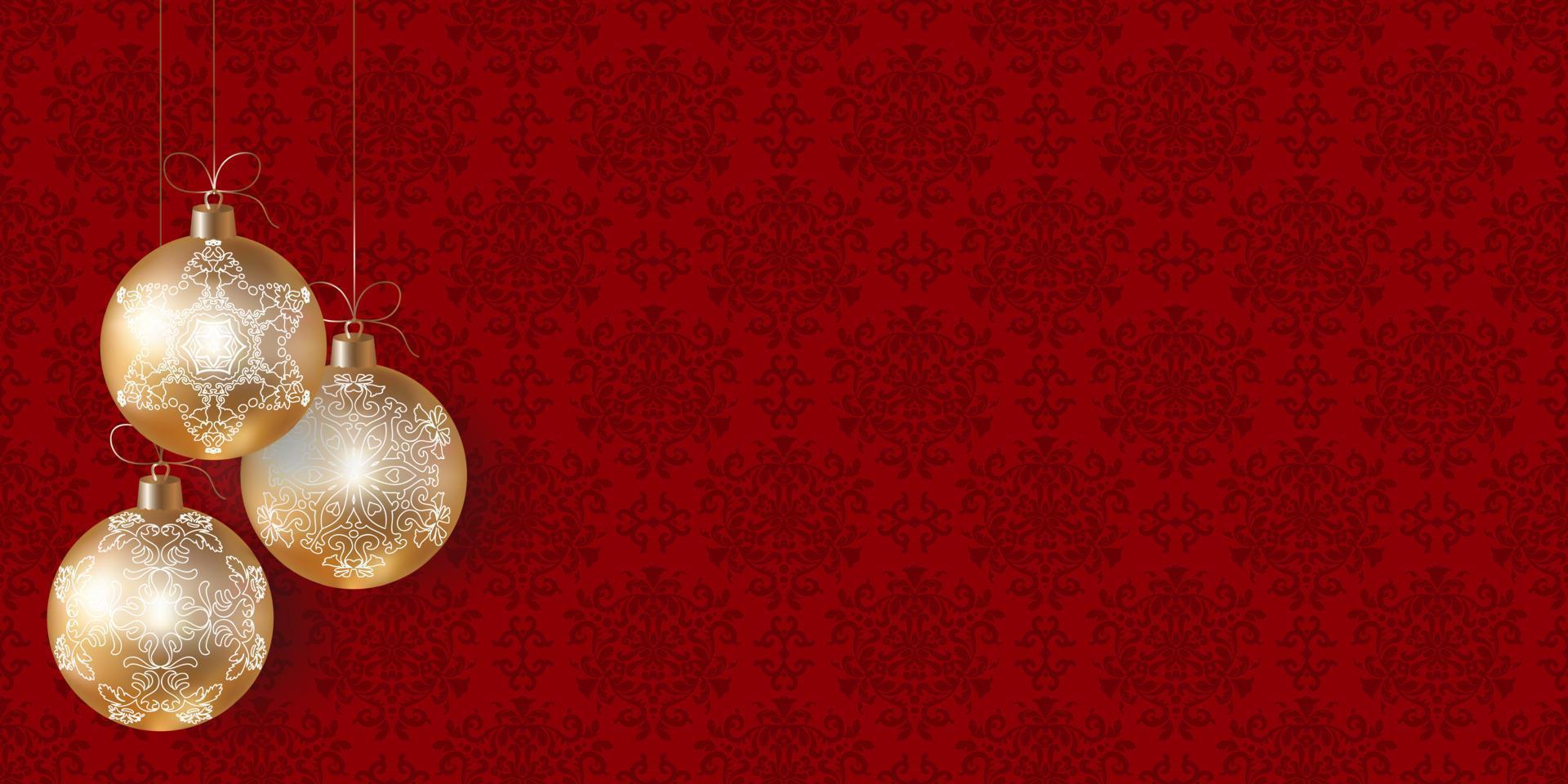 New Year or Christmas red patterned background with gold realistic Christmas tree balls and space for text. Background with Christmas toys. Red and gold color. Vector. Modern background design. vector