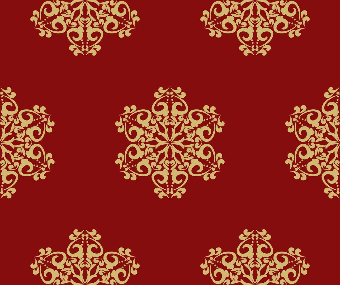Original Christmas background with snowflakes, seamless patterns. Red background with gold round ornament. Red, gold. Seamless vector pattern. For fabric, wallpaper, textile, packaging.