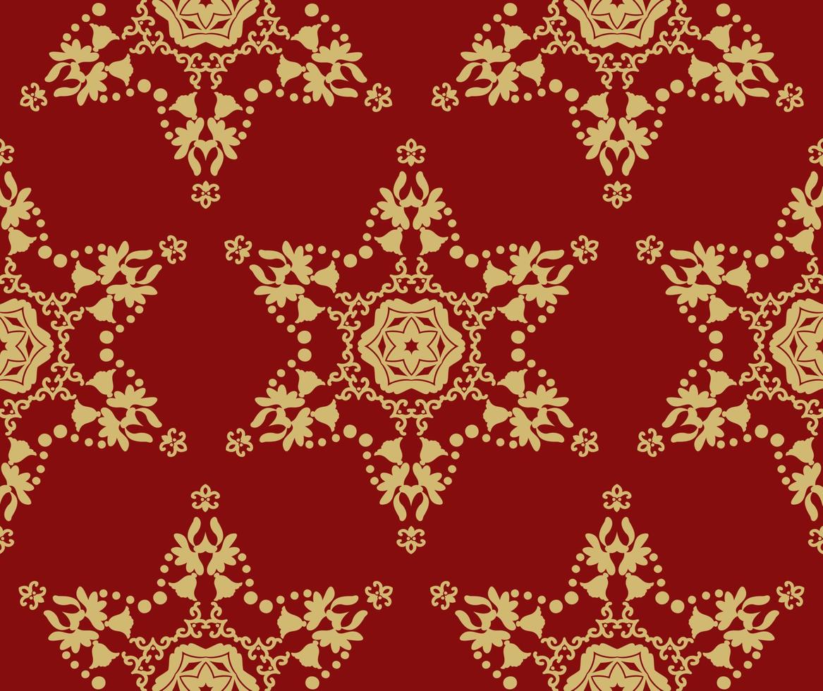 Christmas red background with gold stars, seamless patterns. Red background with gold ornaments. Red, gold. Seamless vector pattern. For fabric, wallpaper, venetian pattern,textile, packaging.