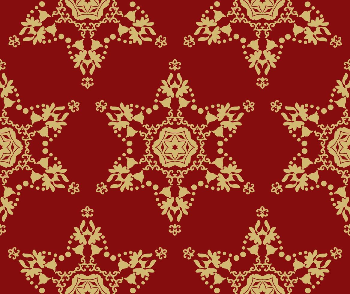 fondo rojo de Navidad con estrellas doradas, patrones sin fisuras. fondo rojo con adornos dorados. oro rojo. patrón de vectores sin fisuras. para tela, papel pintado, patrón veneciano, textil, embalaje.