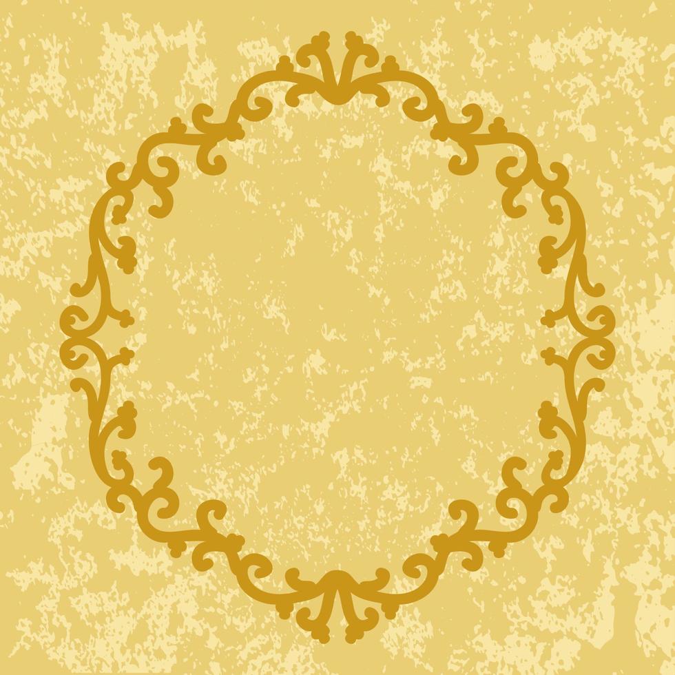 Decorative gold frame on vintage background. Postcard or wedding invitation. Circular oriental ornament. Patterned border, vector design element.