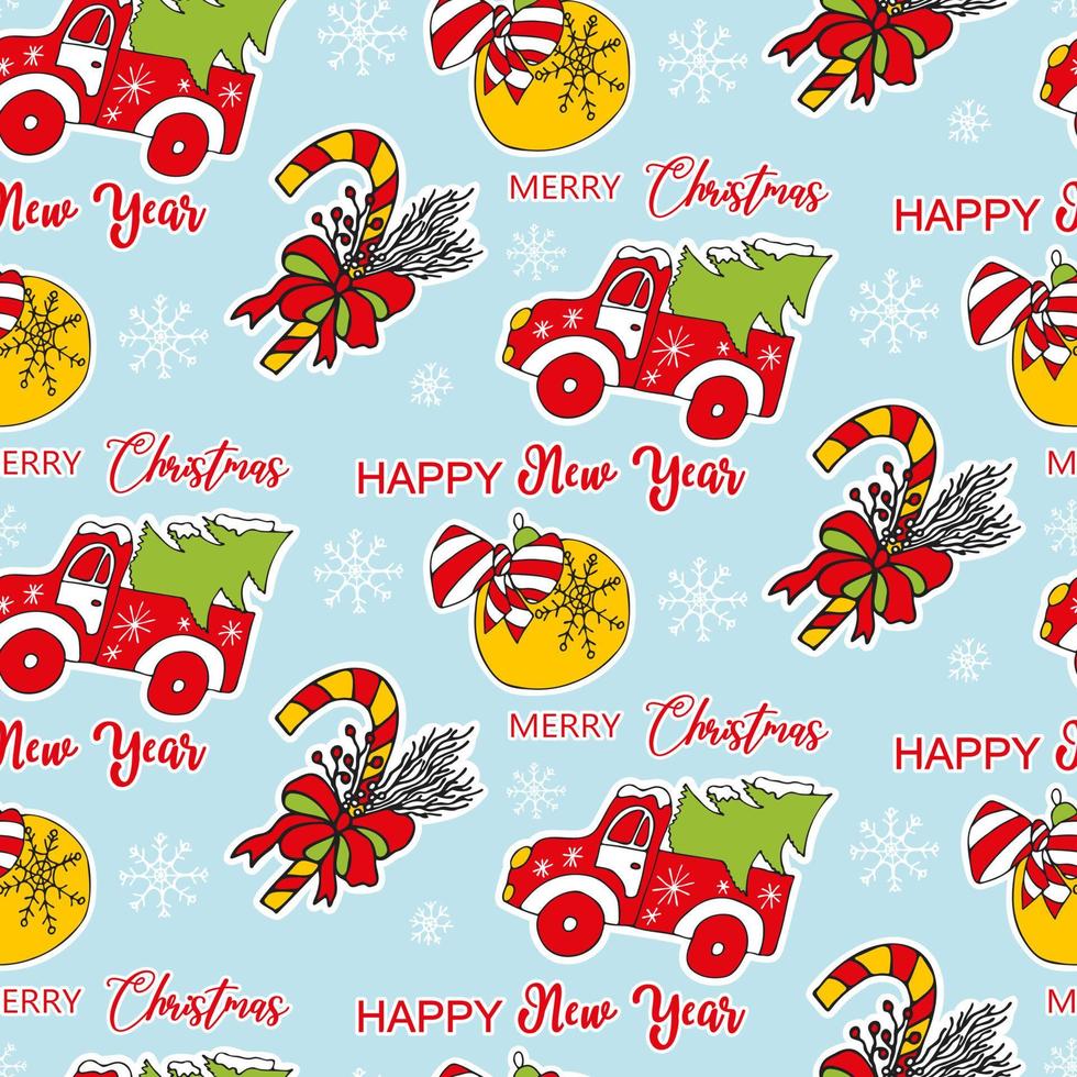 lindo fondo transparente de Navidad con atributos tradicionales. camioneta y árbol de navidad, bastón de caramelo, juguete de árbol de navidad y copos de nieve. fondo de vacaciones de año nuevo. vector de arte