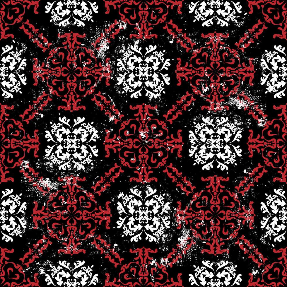 Rich oriental pattern in red and white on a black background. Vintage texture pattern. Seamless damask pattern. Vector illustration. For wallpaper, textile, tile or wrapping paper.
