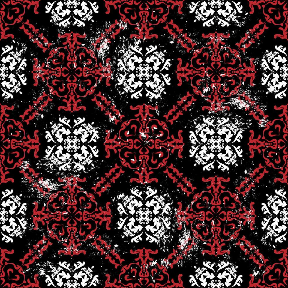 rico patrón oriental en rojo y blanco sobre un fondo negro. patrón de textura vintage. patrón de damasco sin costuras. ilustración vectorial para papel pintado, textil, azulejo o papel de regalo. vector