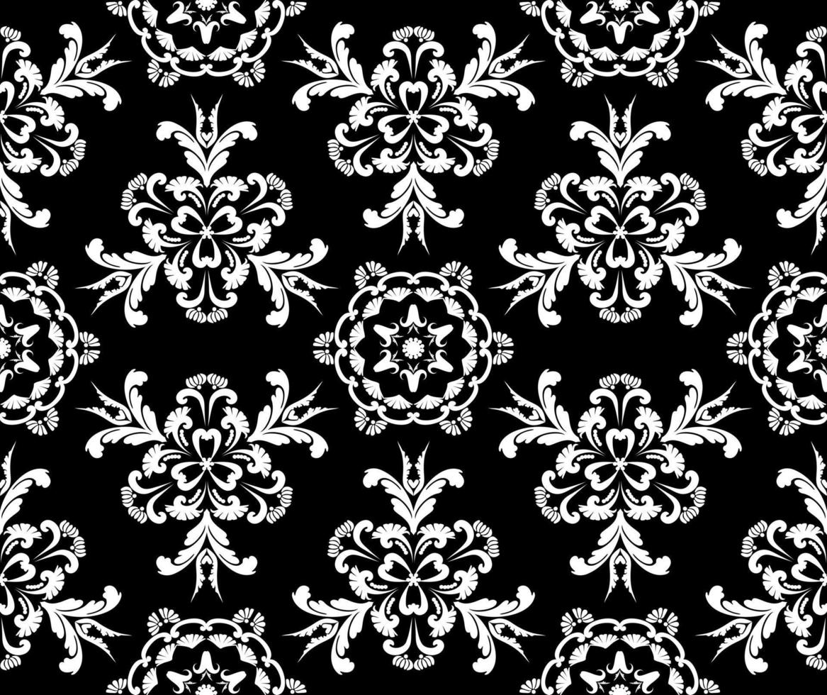 Vector template with white rococo flowers on black background. Vintage Victorian damask. Seamless abstract pattern. For textiles wallpaper tiles or packaging.