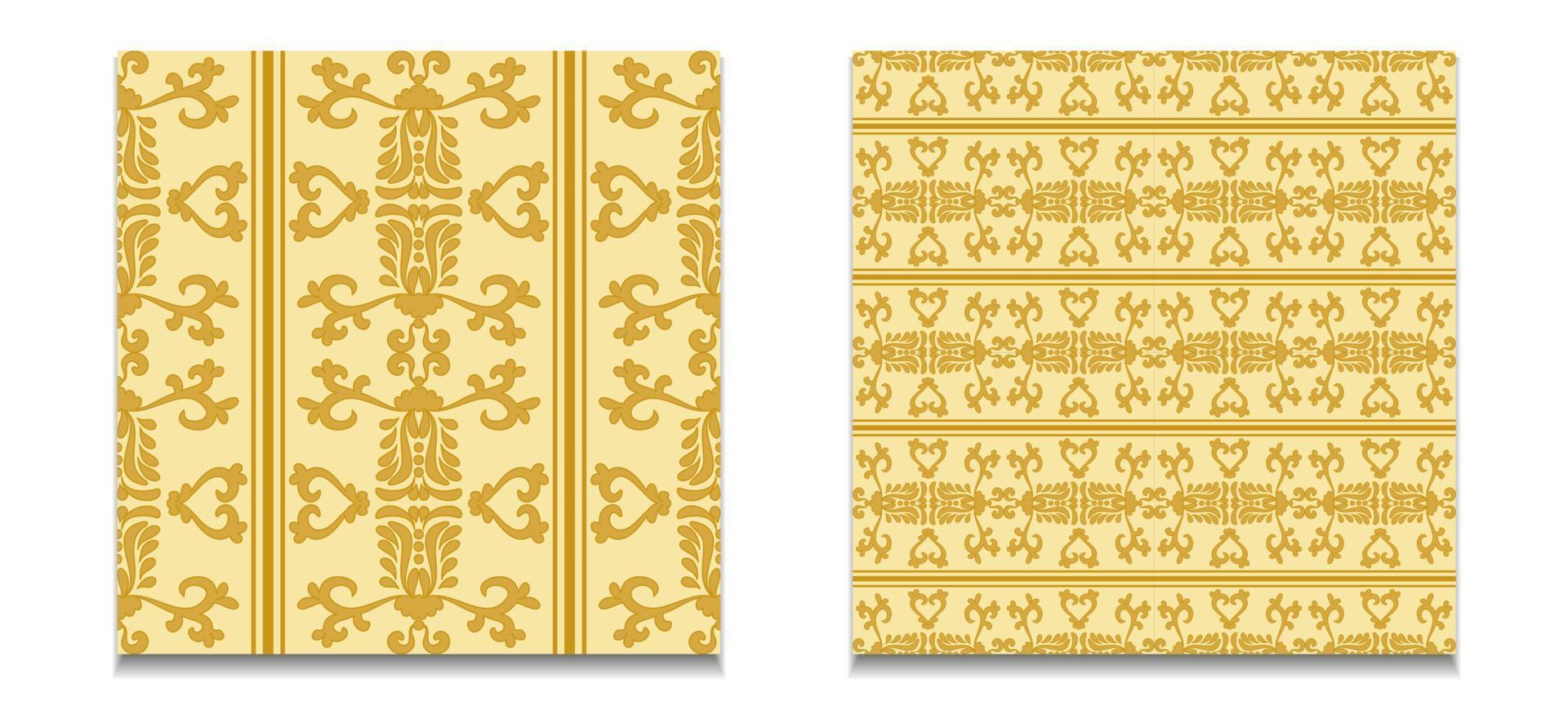 Two seamless vector patterns of gold damask patterns. Vintage seamless ornament. Gold, yellow. Vector graphics. For fabric, tile, wallpaper or packaging.