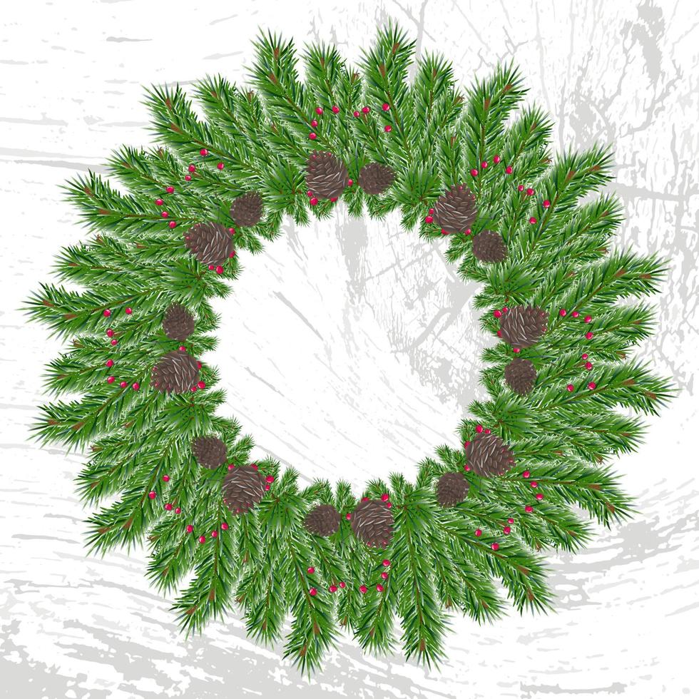 Beautiful wreath of spruce branches Holly berries, fir cones great design for any purposes. New Year. Christmas. Natural art decoration. Vector background. Vector holiday illustration.