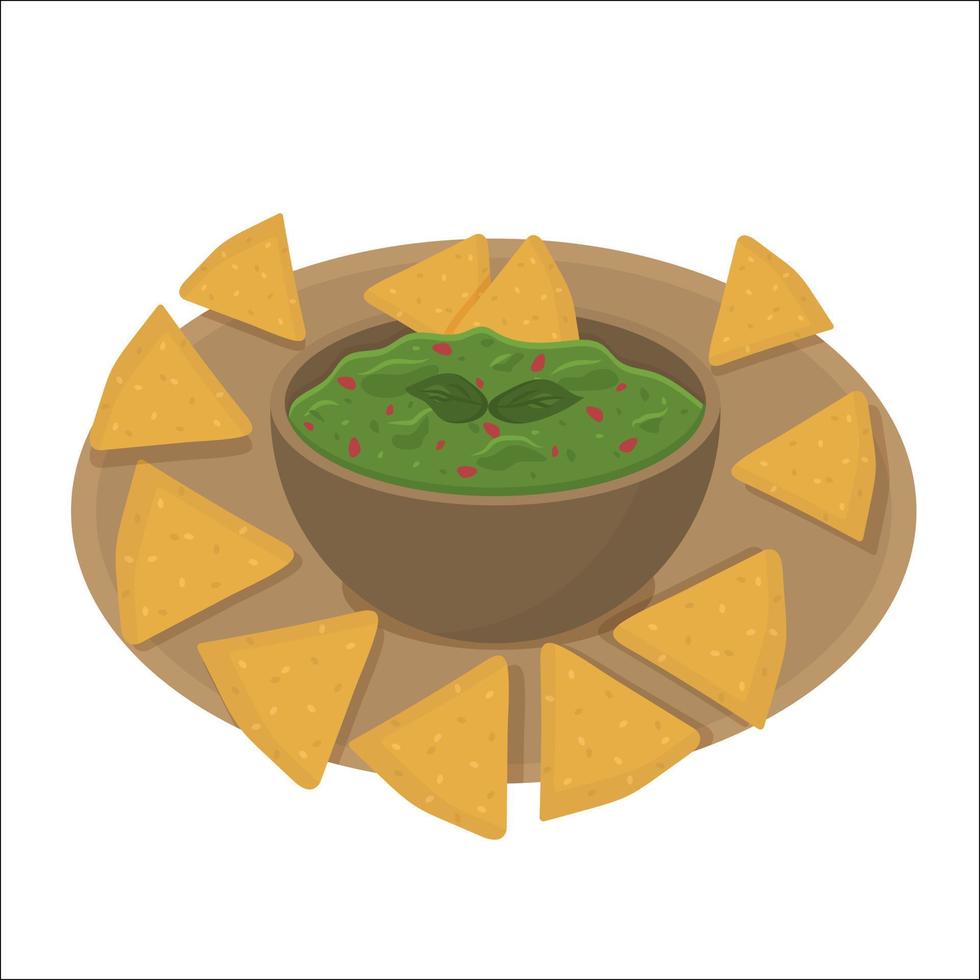 Guacamole with chips on a big plate. Illustration on the theme of Latin American food vector