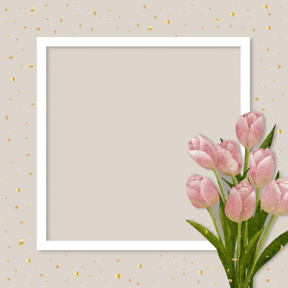 fondo del día de la madre, pintura de acuarela de tulipán sobre marco blanco sobre fondo beige, composición vectorial plana con flor de ramo rosa primaveral y espacio de copia para texto, concepto de boda, día de San Valentín vector