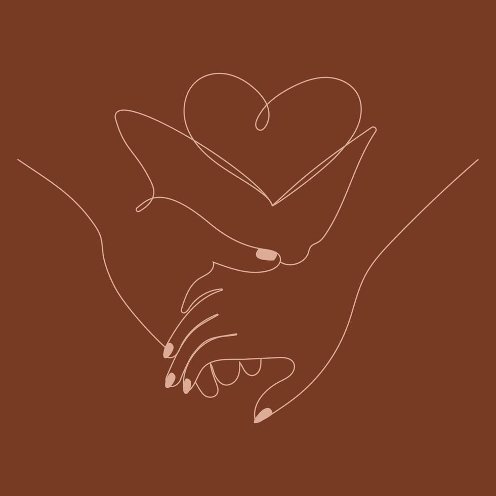 pareja tomándose de la mano con el corazón, ilustración vectorial de diseño de una línea. afiche romántico, plantilla de emblema impreso en estilo boho. dibujo de línea continua táctil de mano masculina y femenina, diseño minimalista. vector