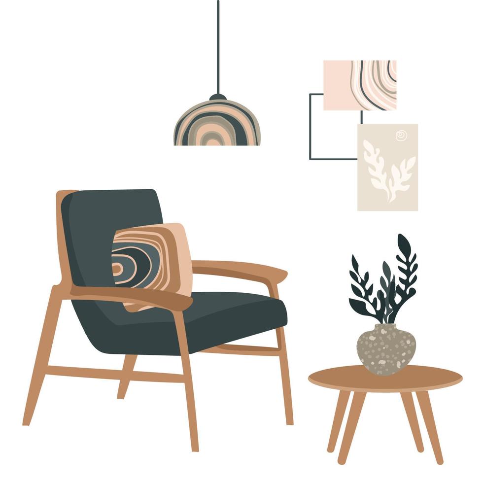 Minimalist living room interior design,Armchair table,abstract posters,chandelier, retro boho style vector illustration.Modern furniture in retro style organic neutral colors.Contemporary architecture