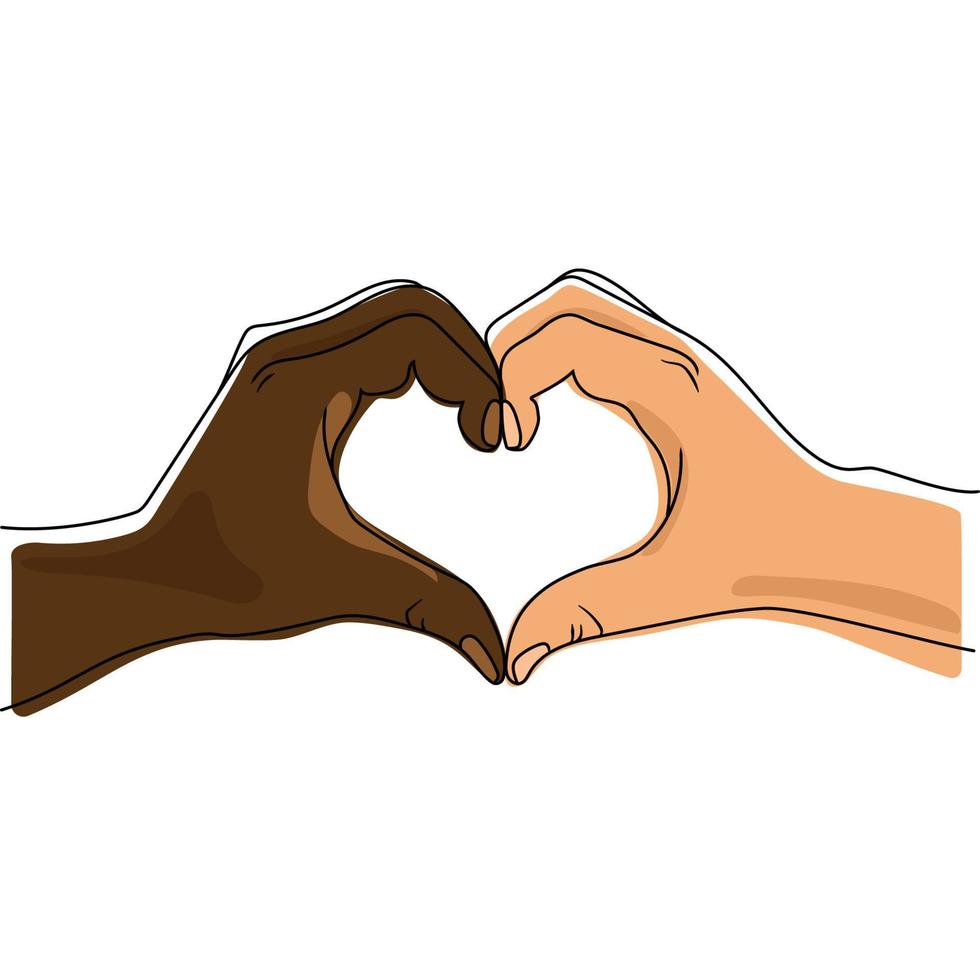 African black and Caucasian white skin color hands make a heart together vector graphics.Multinational heart shaped hands Symbol of equality unity partnership peace help support.Zero Discrimination