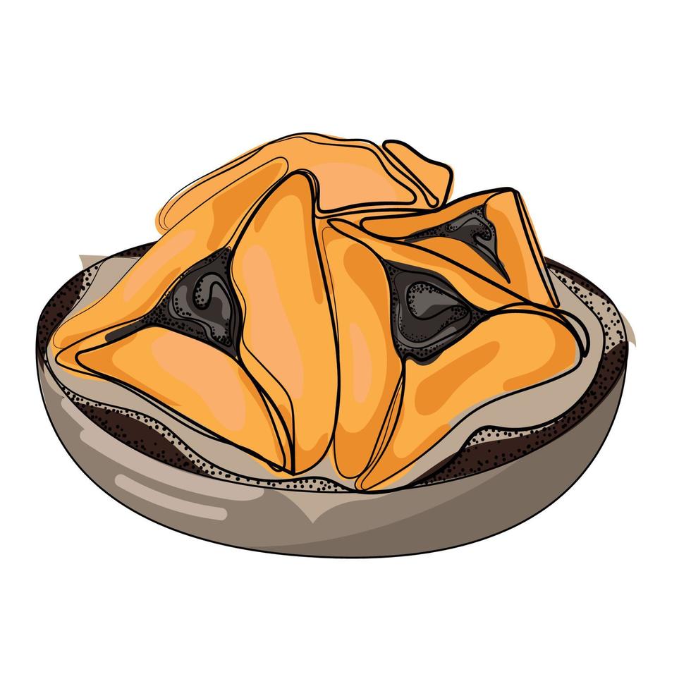 hamantaschen galletas tradicionales judías para la festividad de purim, oznei haman, ilustración realista de dibujos animados vectoriales vector