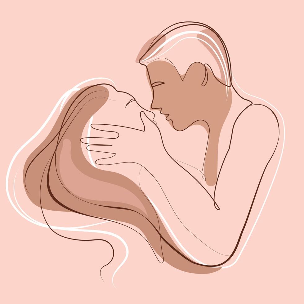 Couple kiss Line art drawing.Lovers Couple Simple Minimalist vector Illustration.Love Concept.Abstract single line man and woman show passion.Romantic drawing of lovers template for poster,print,other