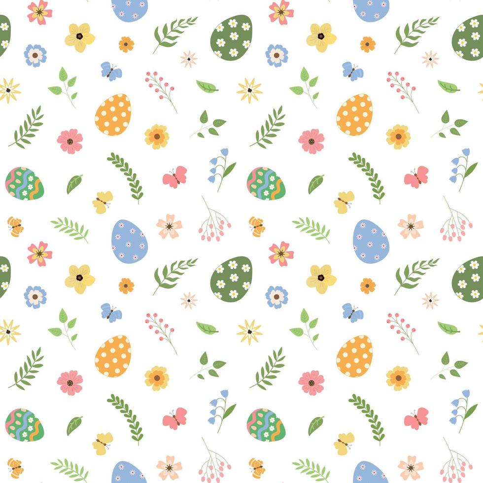 dibujos animados de huevos de pascua con flores, hojas y mariposas de patrones sin fisuras. fondo de vacaciones de primavera para tela, scrapbooking, papel de regalo, papel tapiz. aislado sobre fondo blanco. vector