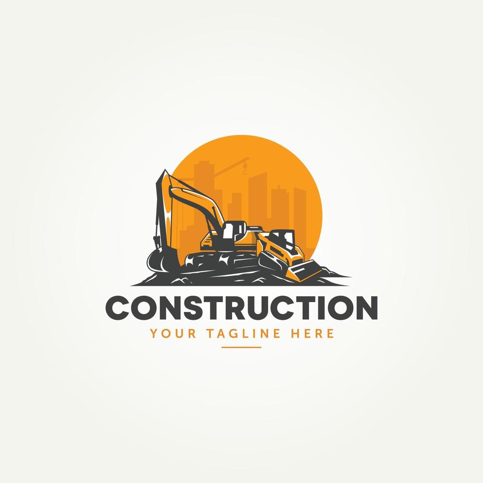 excavator and skid steer machine construction icon label logo template vector illustration design. heavy equipment land clearing machine logo concept