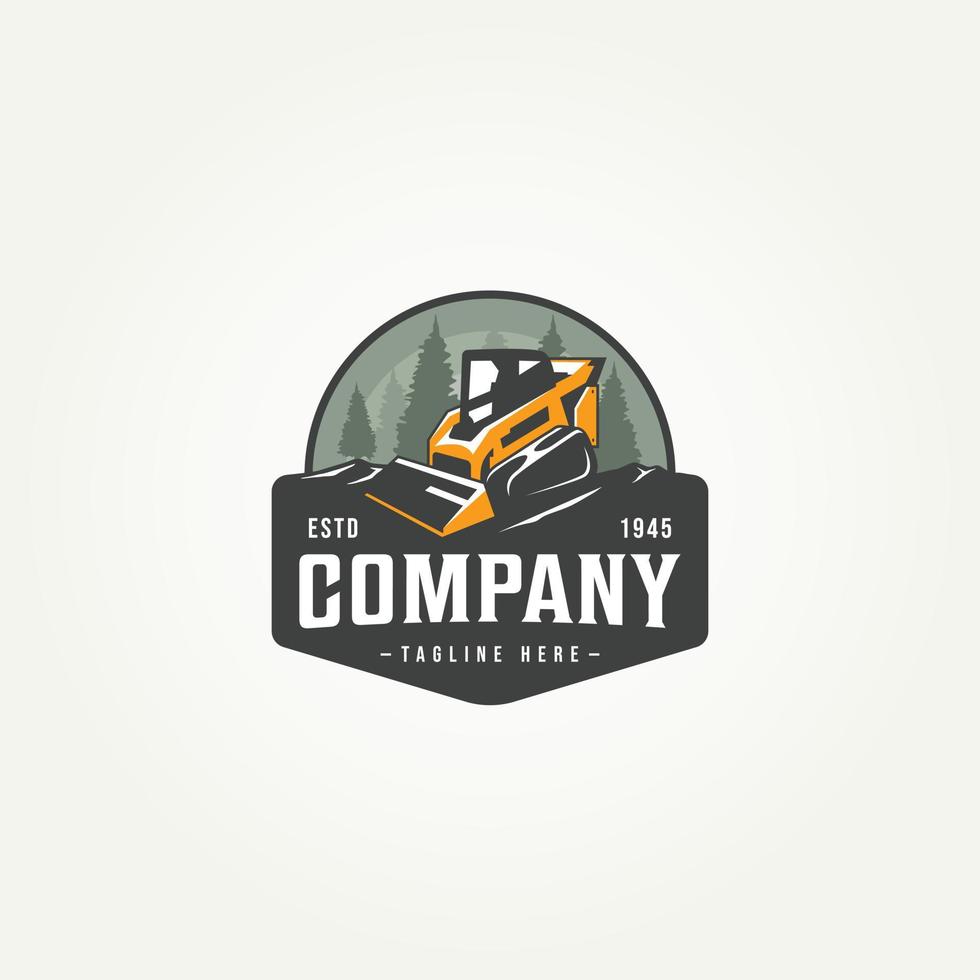 skid steer machine construction icon label emblem logo template vector illustration design. heavy equipment land clearing machine badge logo concept