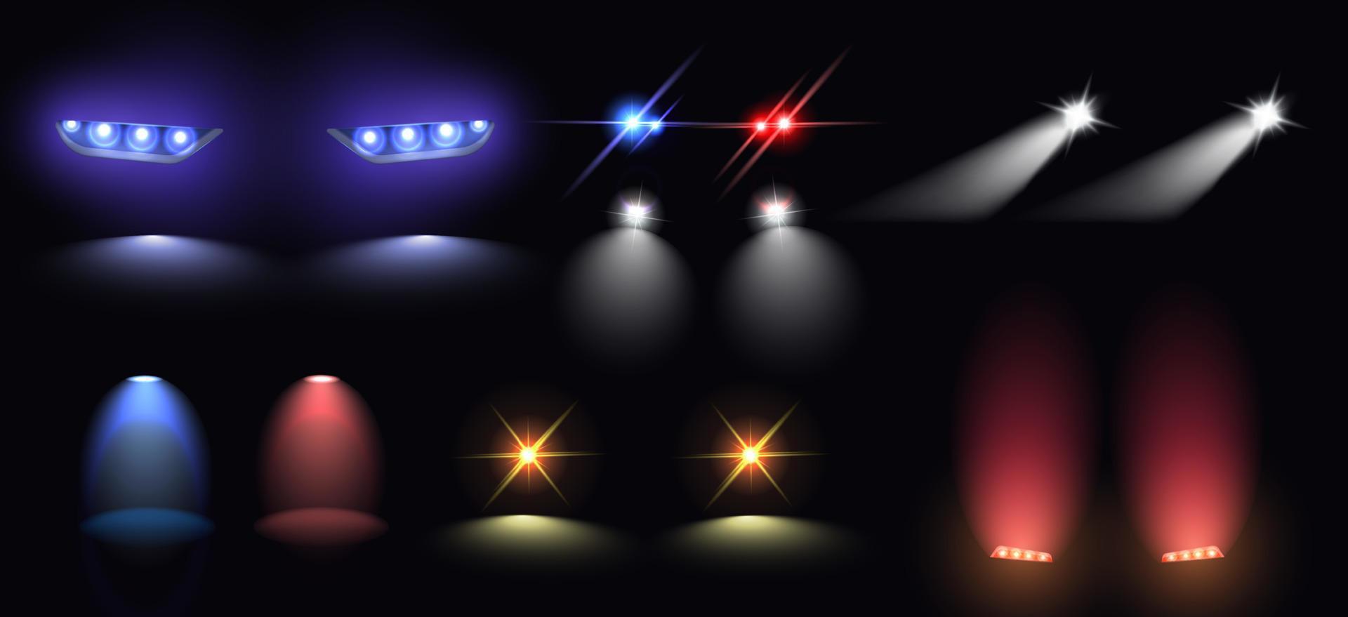 Realistic set of colorful car headlights tail and siren lights isolated on black background vector illustration.