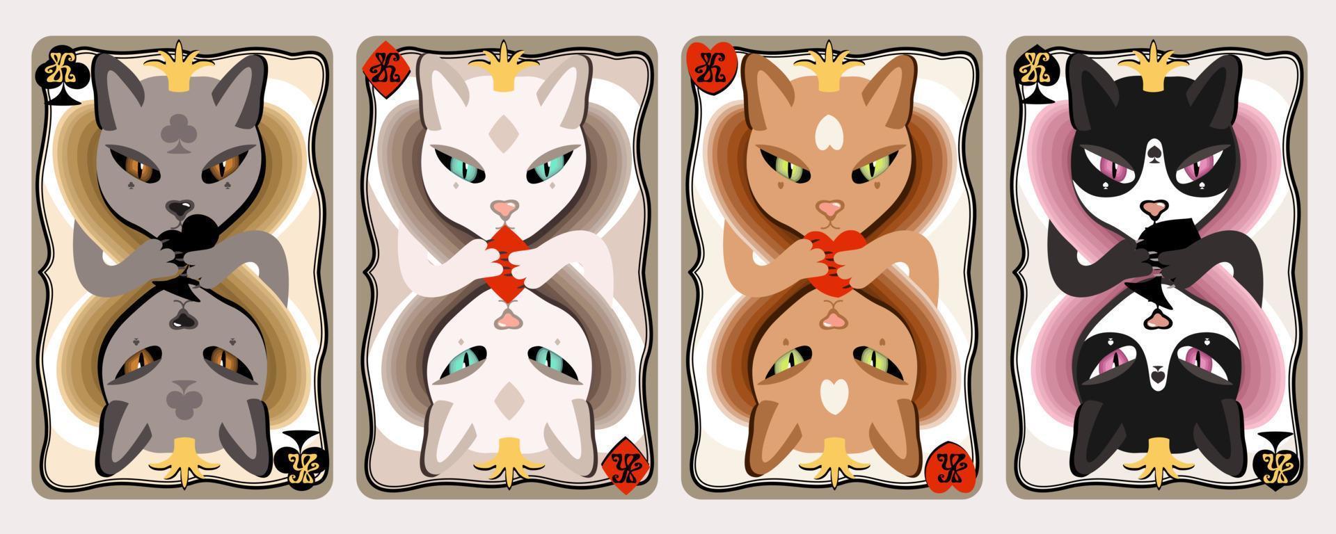 Playing card kings in the form of cats of different colors. vector