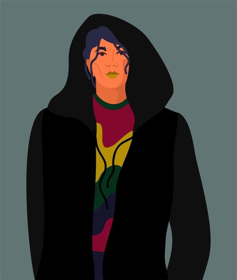 Young male model in black hoodie and bright sweater on dark blue background. vector
