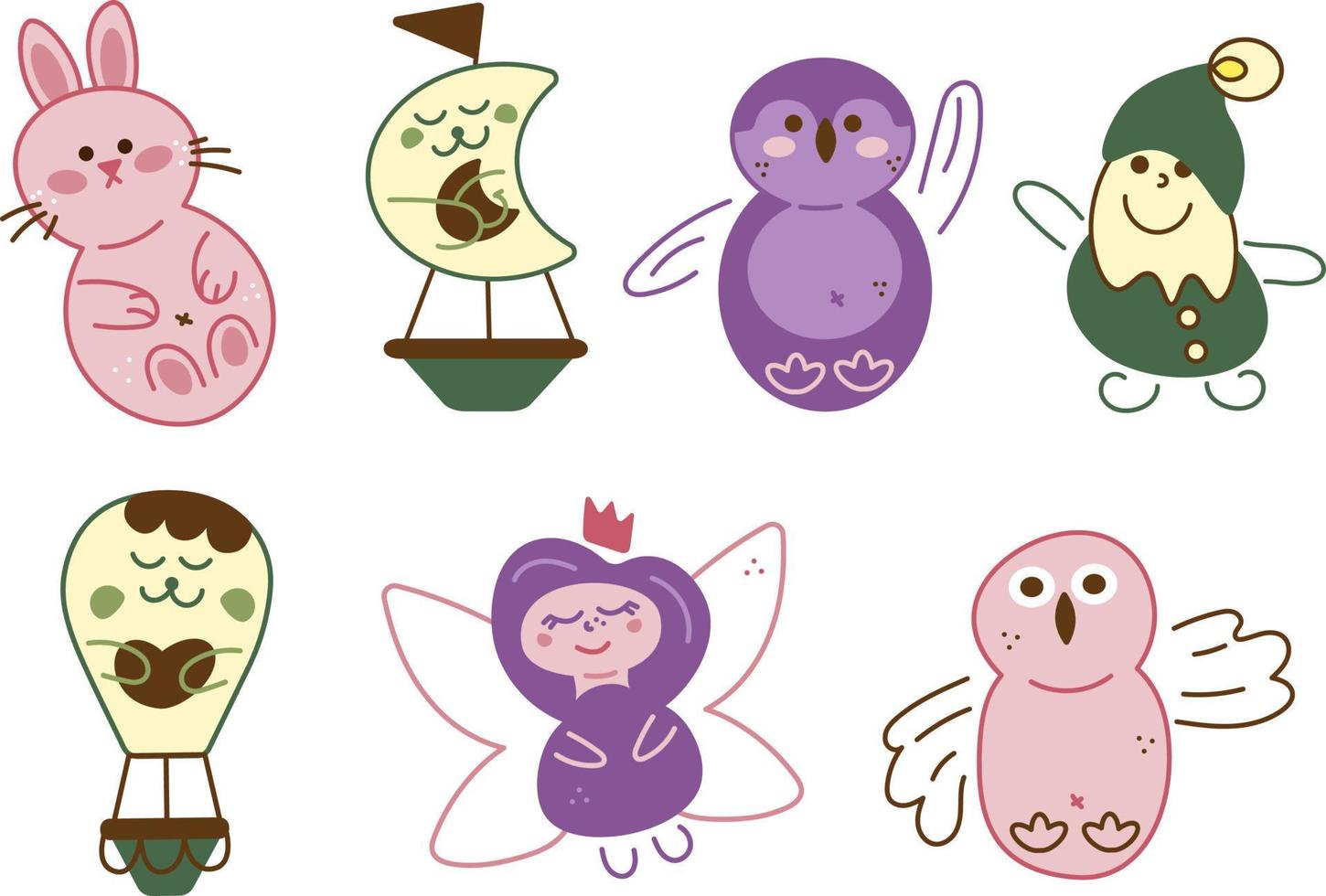 Character doodle set1. 7 cute character. Cartoon color vector illustration.