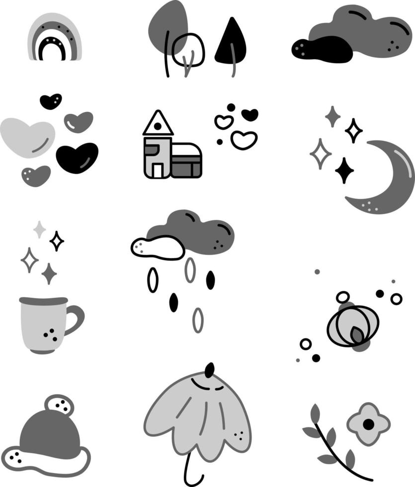 Elements doodle set2. 12 cute elements. Cartoon white and black vector illustration.