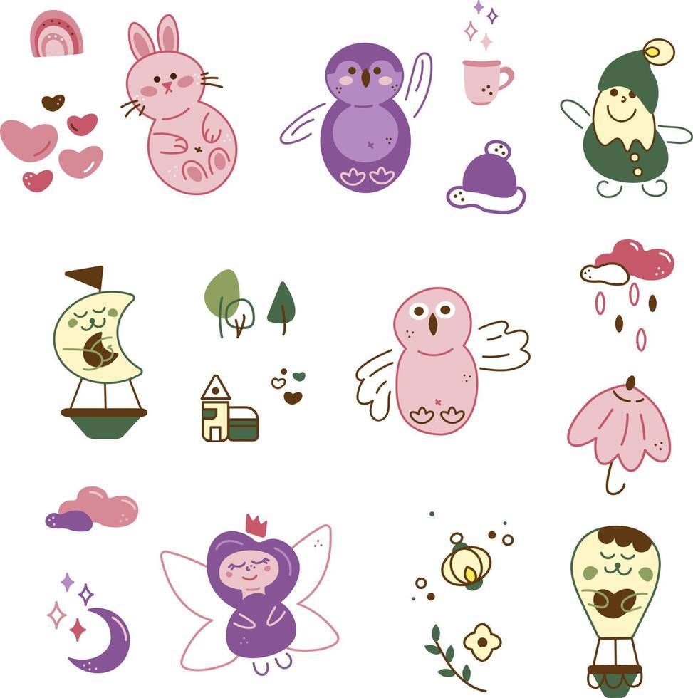 Characters and elements doodle set1. 12 cute elements and 7 cute characters. Cartoon color vector illustration.