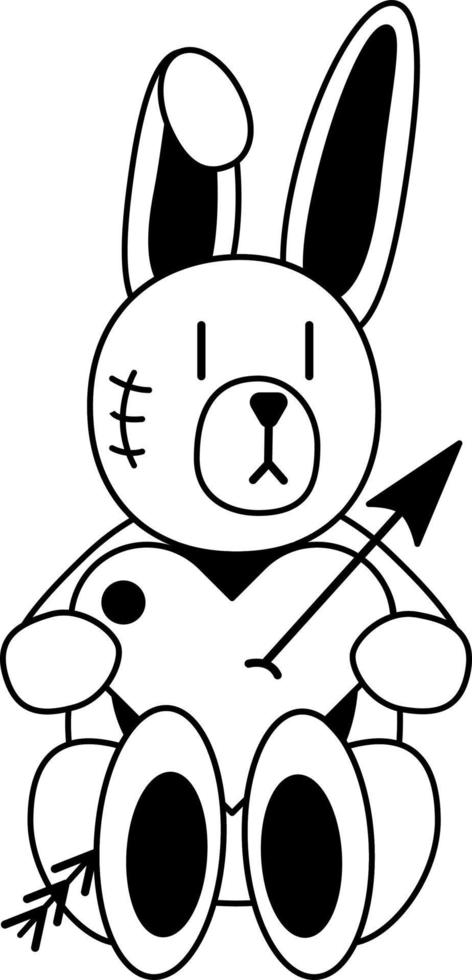 Tattoo rabbit with heart in the style of the 90s, 2000s. Black and white single object illustration. vector