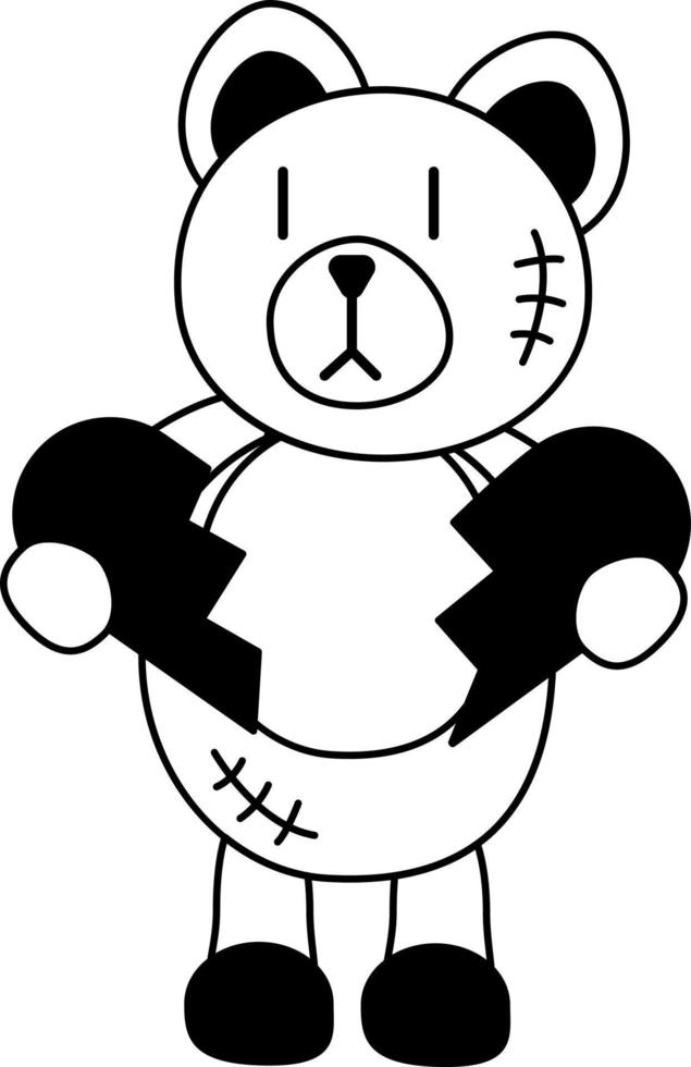 oso tatuado con el corazón roto al estilo de los años 90, 2000. ilustración de un solo objeto en blanco y negro. vector