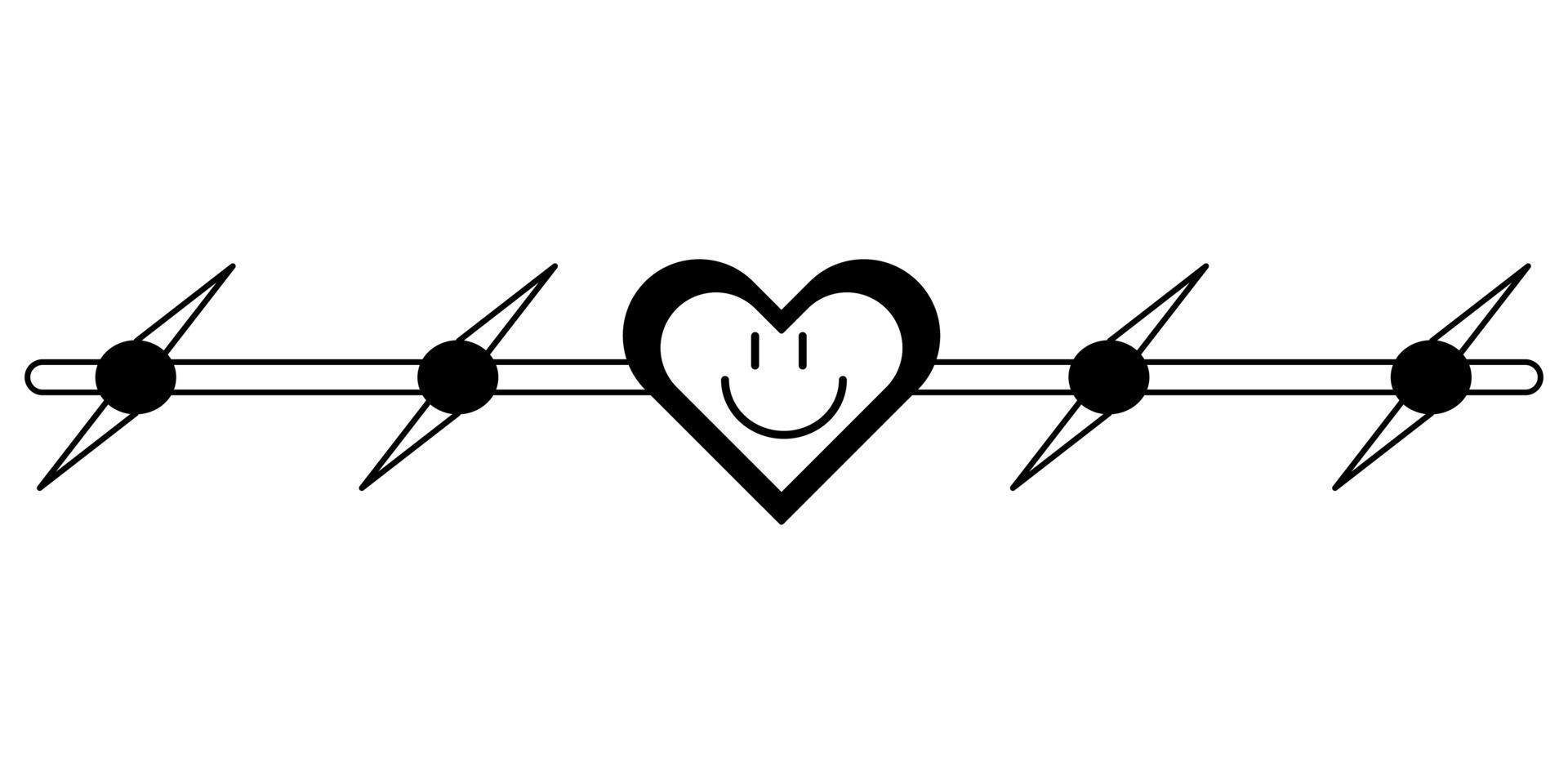 tatuaje de alambre de púas con un corazón al estilo de los años 90, 2000. ilustración de un solo objeto en blanco y negro. vector