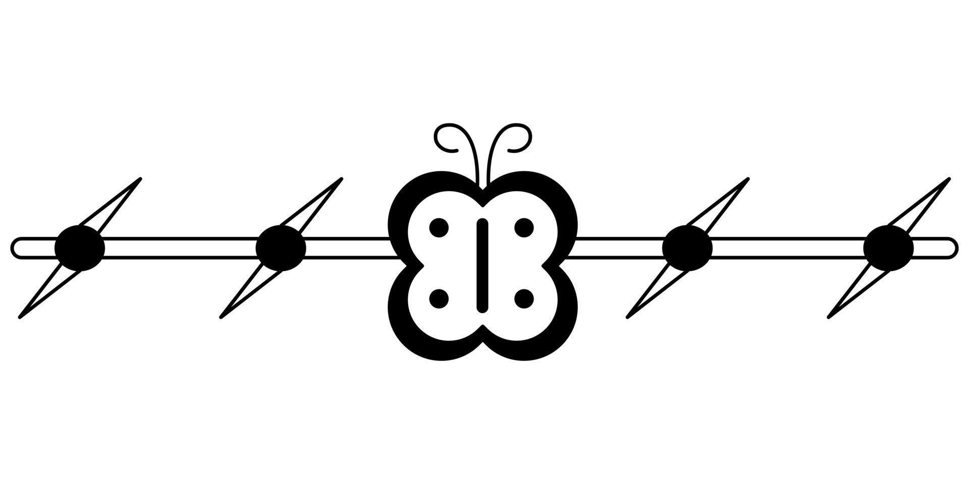 tatuaje de alambre de púas con una mariposa al estilo de los años 90, 2000. ilustración de un solo objeto en blanco y negro. vector
