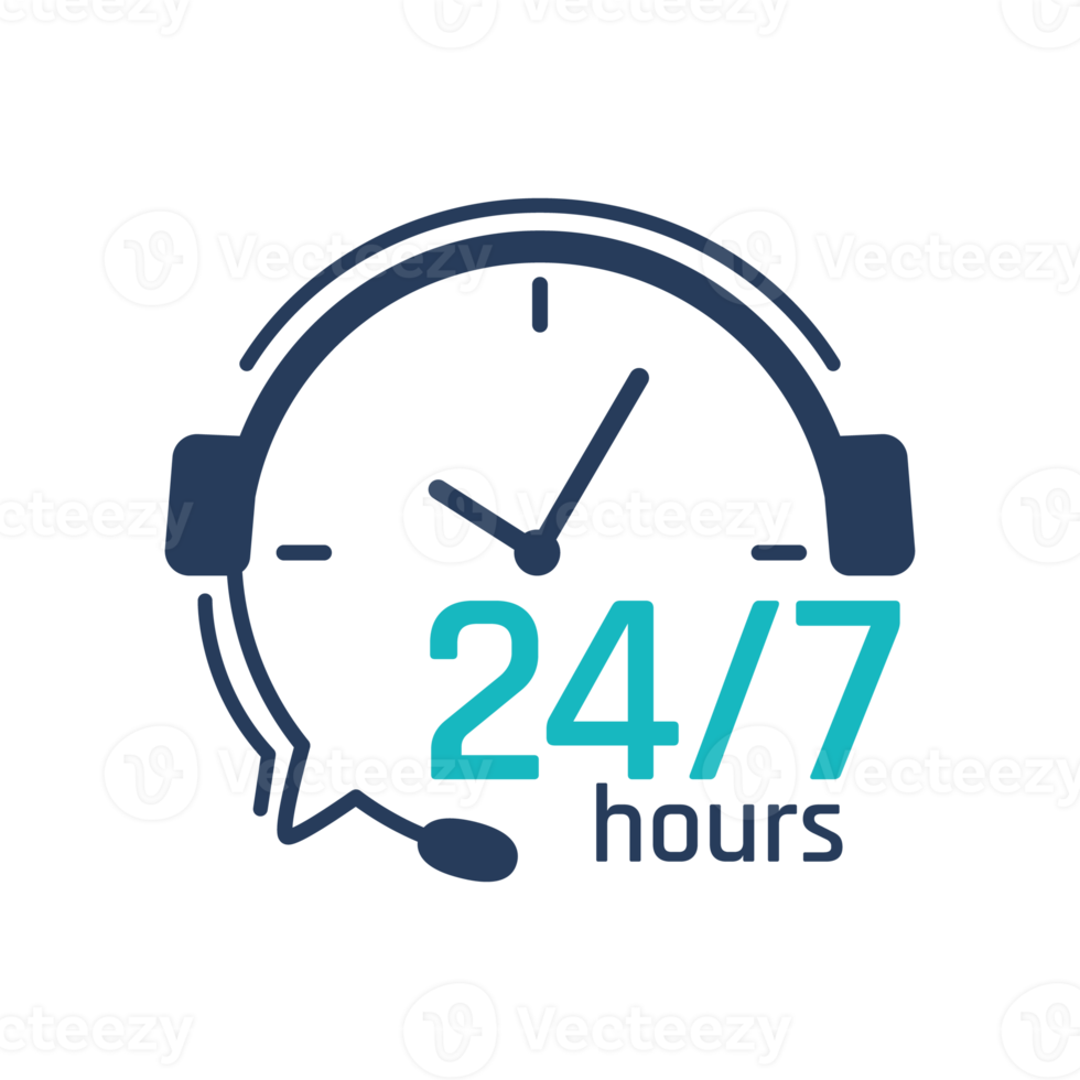 Ícono de servicio las 24 horas. Asistencia telefónica con auriculares para consultar los problemas de los clientes. png