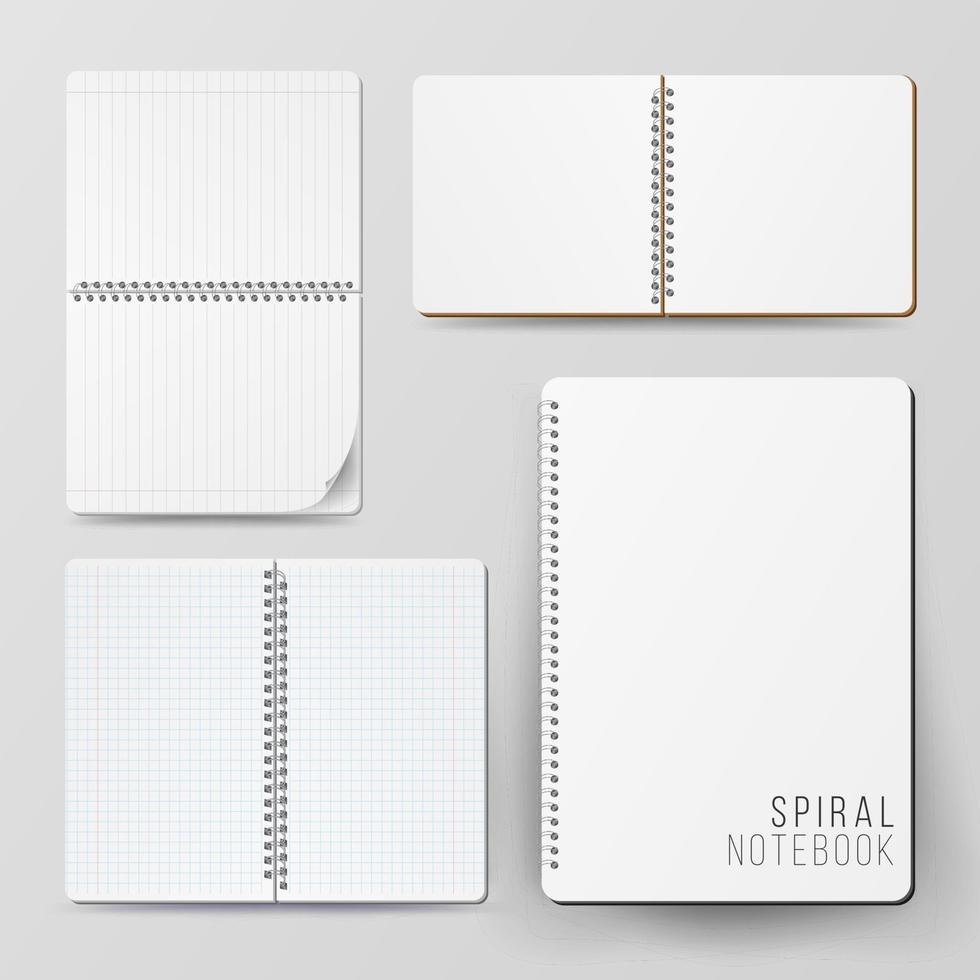 juego de maquetas en blanco de bloc de notas vacío en espiral. plantilla para publicidad de marca, identidad corporativa. Maqueta de cuaderno realista en 3d. cuaderno en blanco con tapa limpia vector