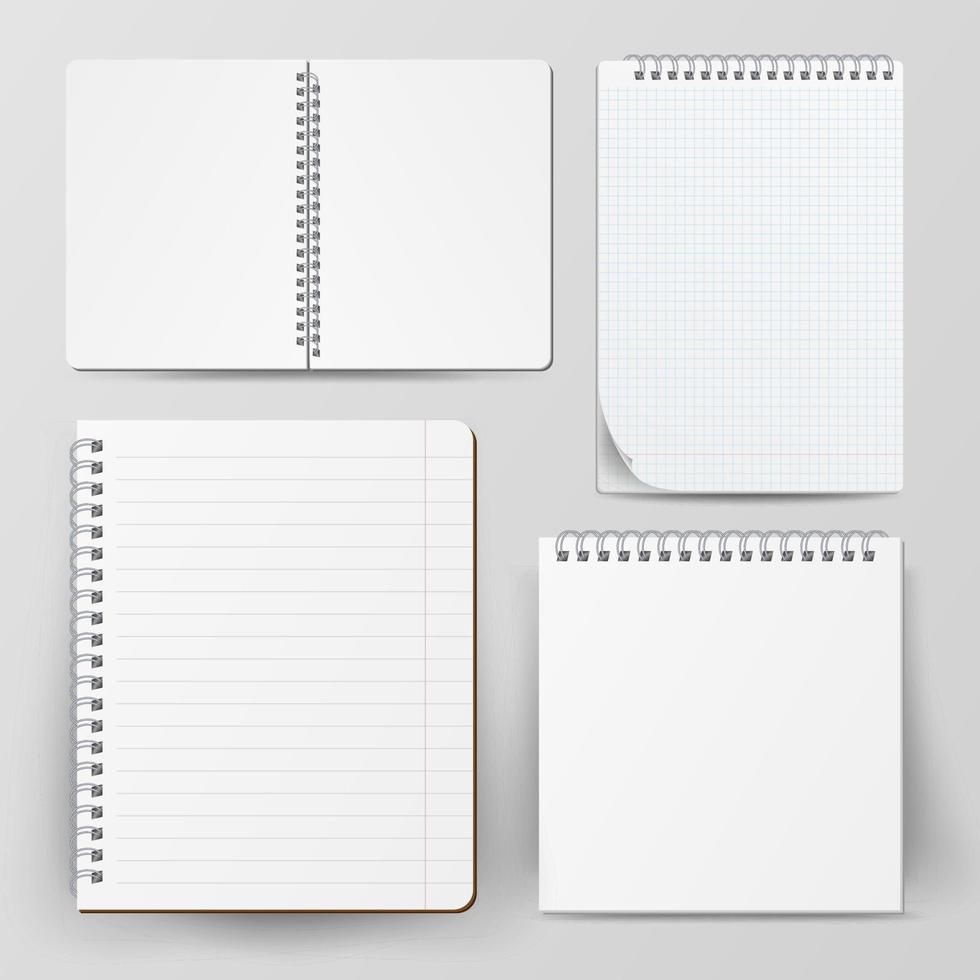 Notebook Set With Coil Spiral. Vector Spiral Notepad. Clean Mock Up For Your Design. Vector illustration