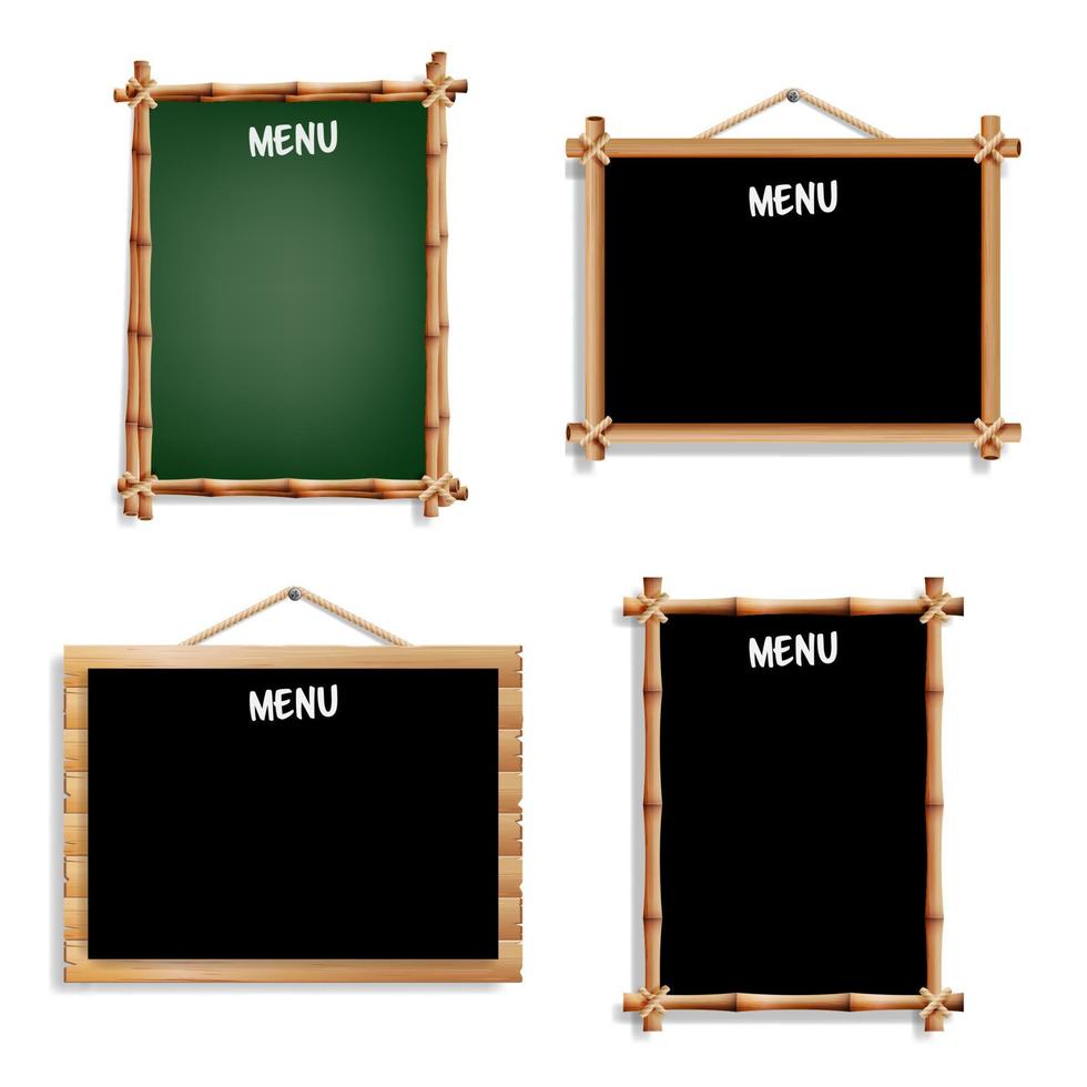 conjunto de tableros de menú de restaurante. aislado sobre fondo blanco. pizarra negra y verde realista en blanco con marco de madera colgando. ilustración vectorial vector