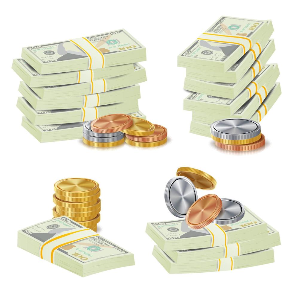 Money Banknotes Stacks Vector. 3D Cash, Gold Coins, Banknotes Piles Illustration vector