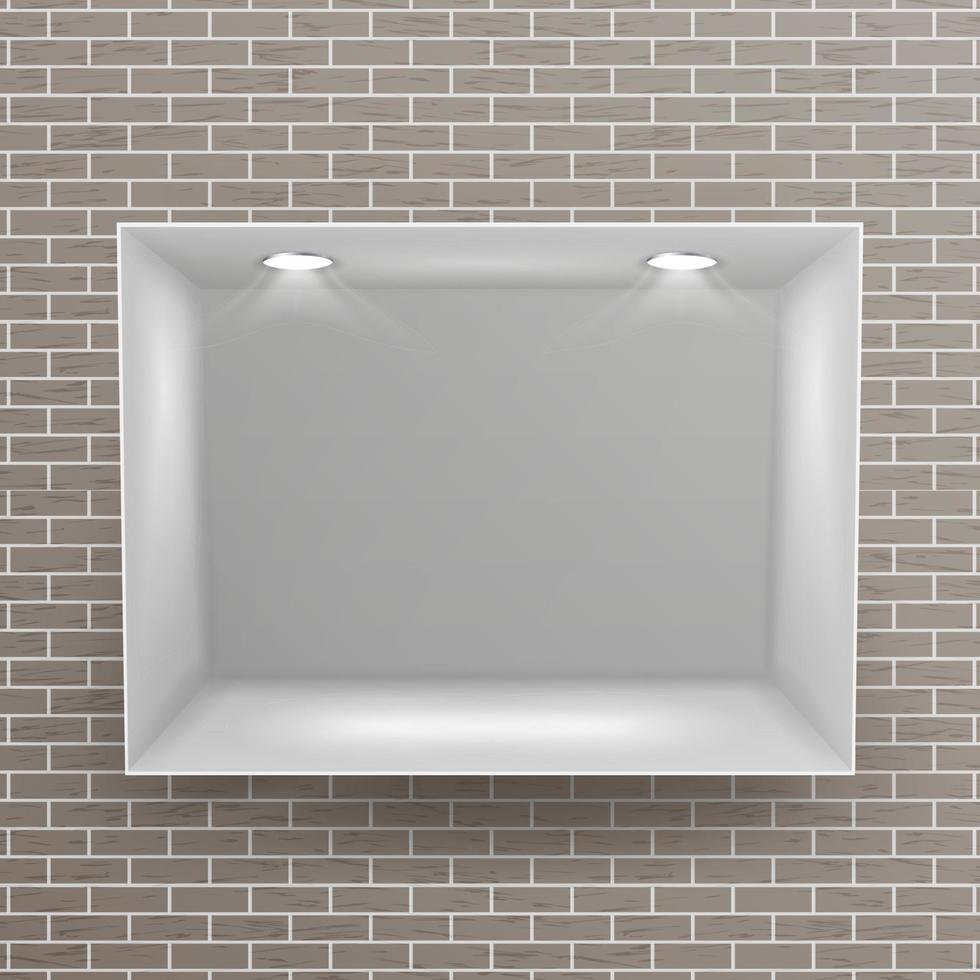 Empty Niche Vector. Realistic Brick Wall. Clean Shelf, Niche, Wall Showcase. Good For Presentations, Display Your Product. Illuminated Light Lamp vector